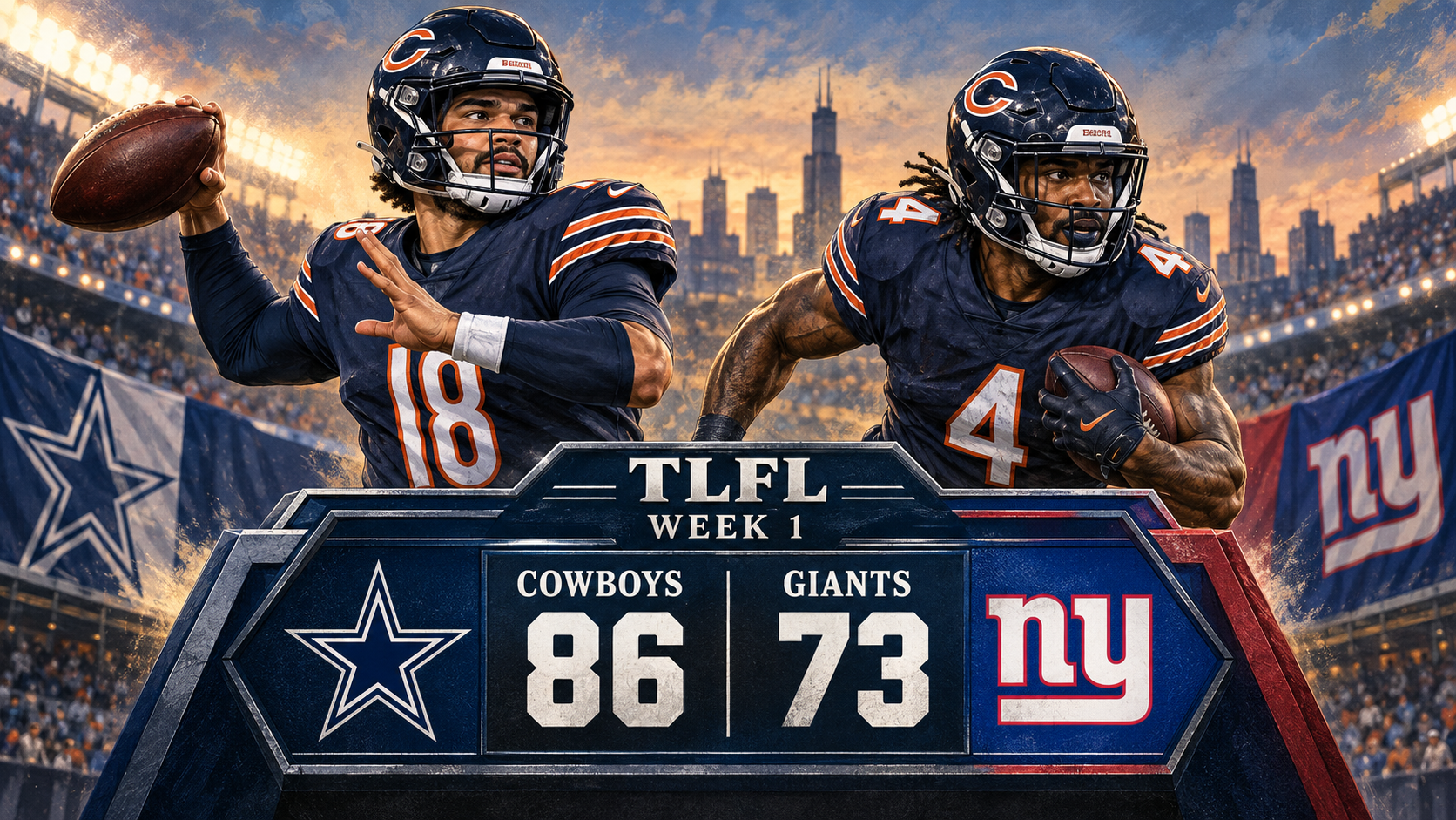 Illustrated Caleb Williams and D’Andre Swift above the TLFL Cowboys–Giants final scoreboard.