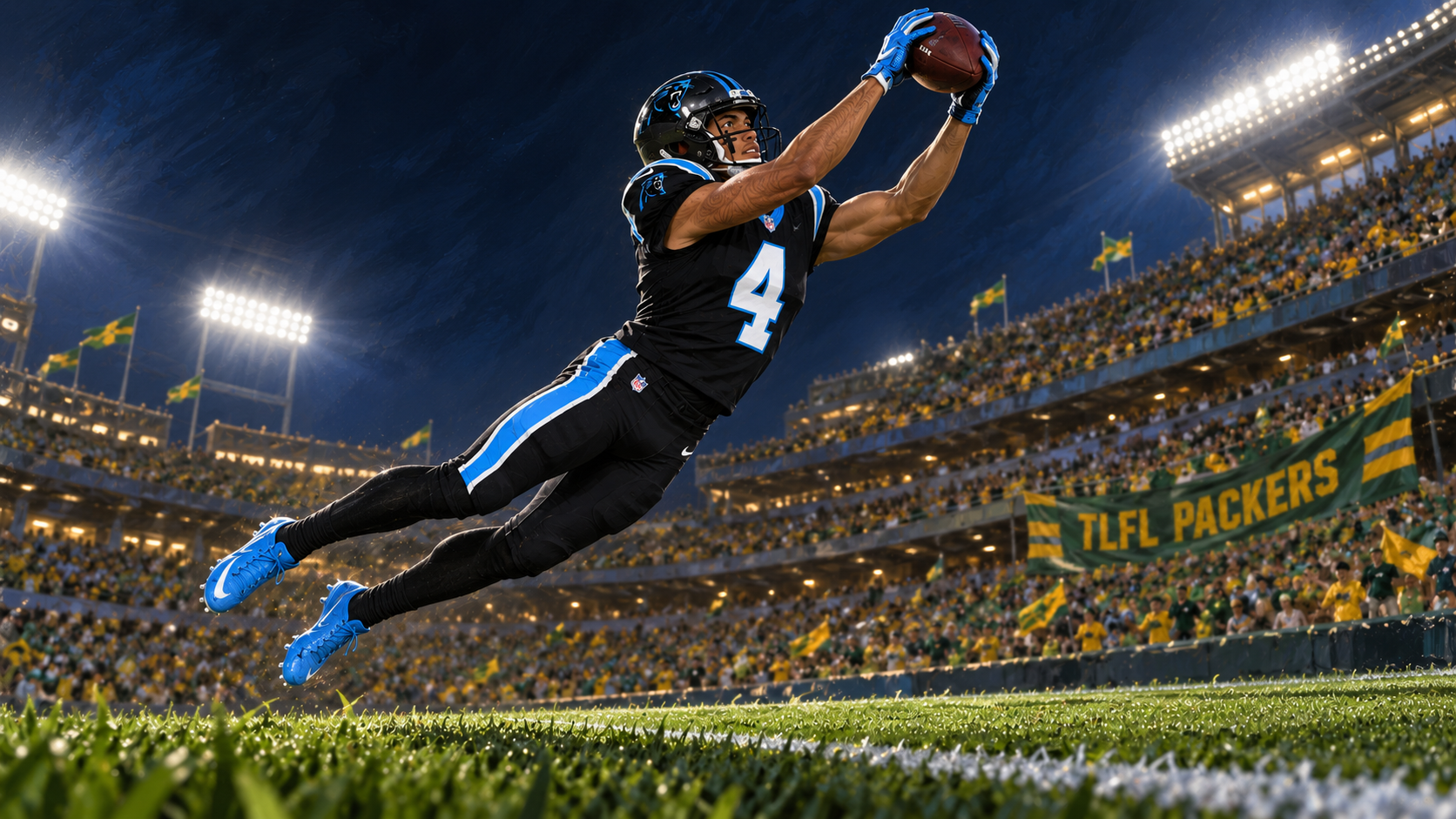 Tetairoa McMillan, with short hair and cross-shaped eye black, leaps for a two-handed catch in Carolina's black number 4 uniform, black helmet and pants, and blue cleats. Stadium floodlights illuminate a green-and-gold crowd and TLFL Packers banner.